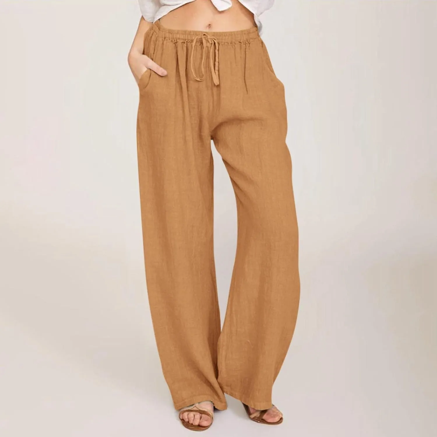 Casual Cotton Linen Pants Women Summer High Waisted Flowy Palazzo Pants Boho Loose Wide Leg Beach Pants with Pockets