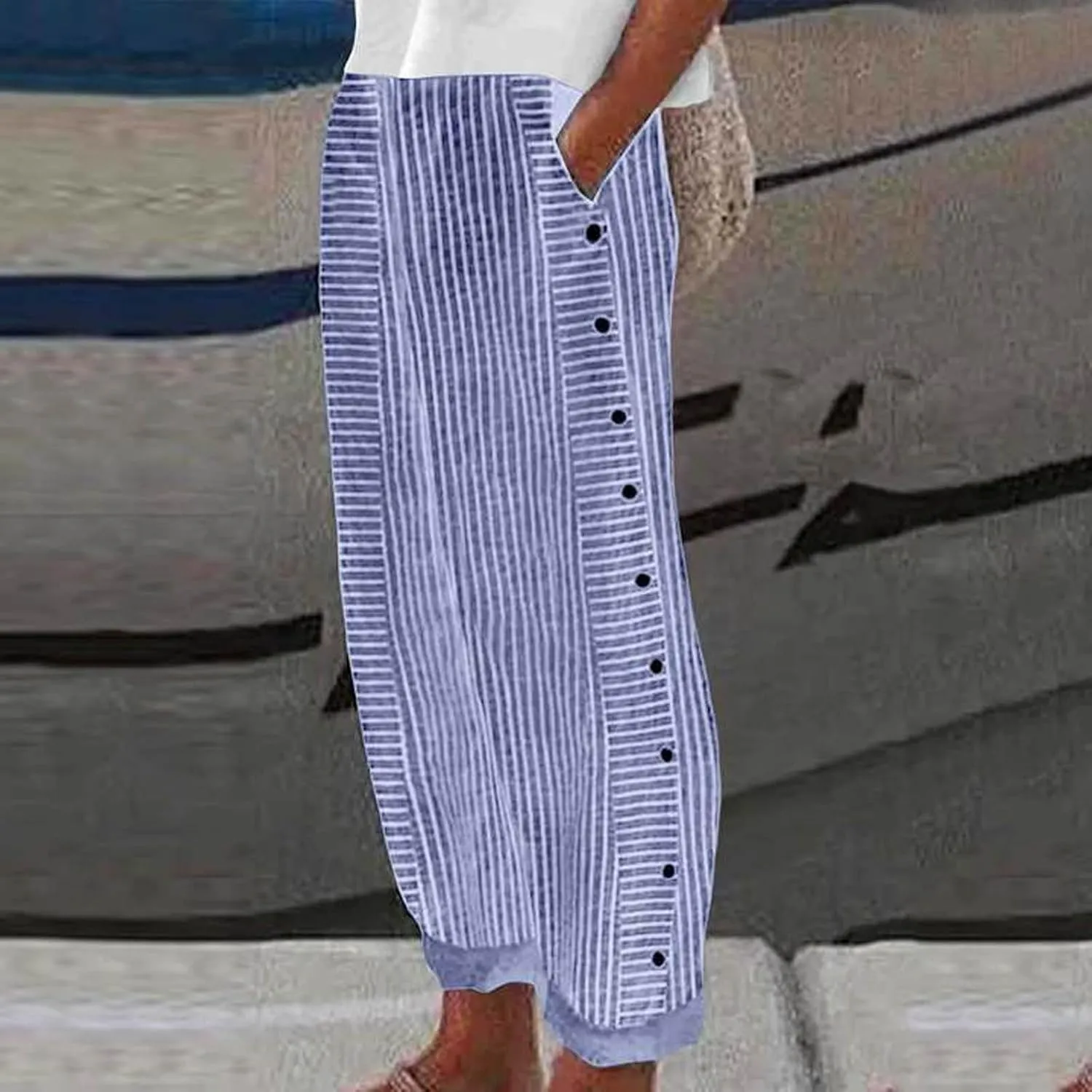 Casual Pants for Women Trendy 2025 Summer Striped Side Pocket Pants Lightweight Elastic Waist Straight Leg Trousers
