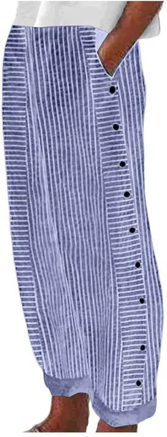 Casual Pants for Women Trendy 2025 Summer Striped Side Pocket Pants Lightweight Elastic Waist Straight Leg Trousers