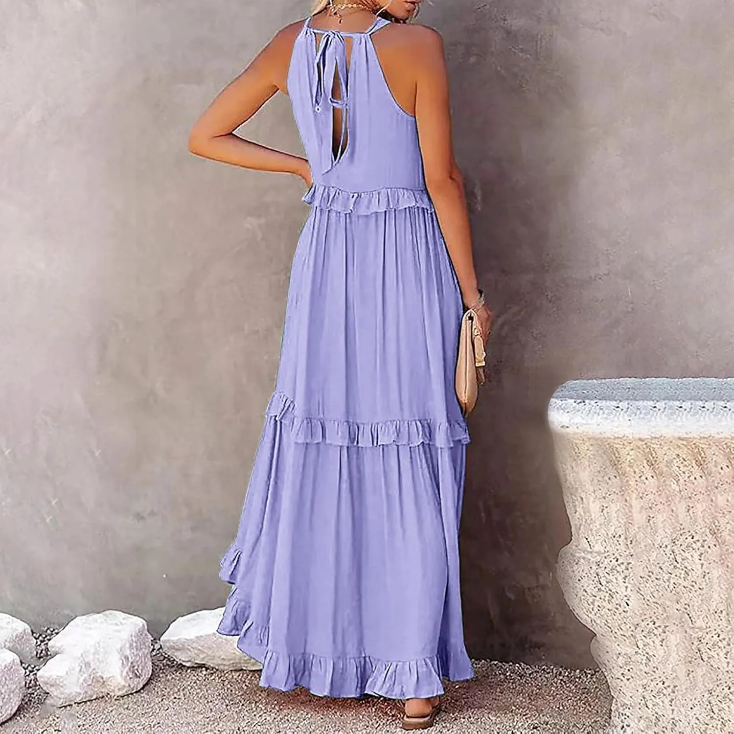 Ceboyel Women Bohemian Maxi Dress Ruffle Tiered Long Dress Halter Neck Sleeeve Pleated Sundresses Boho Beach Clothes 2023