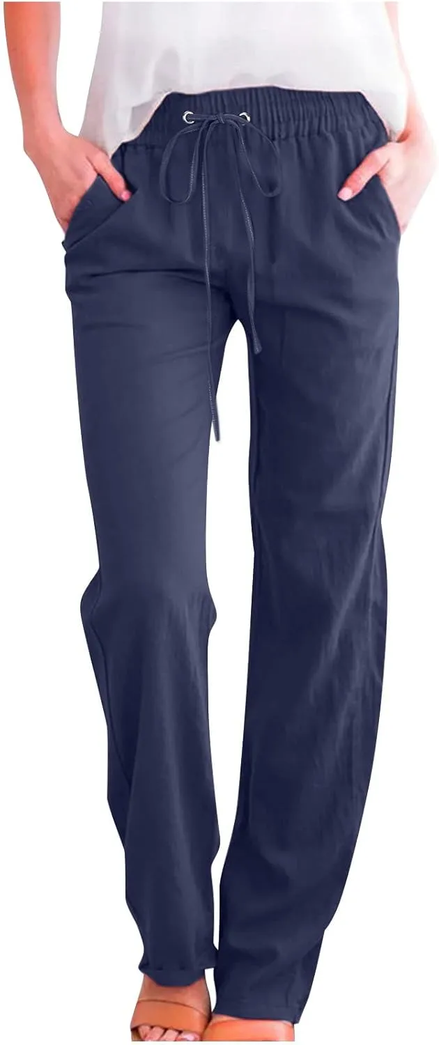 Ceboyel Women Linen Straight Pants Drawstring Summer Trousers Trendy Beach Travel Pant Loose Fitting Business Casual Clothing