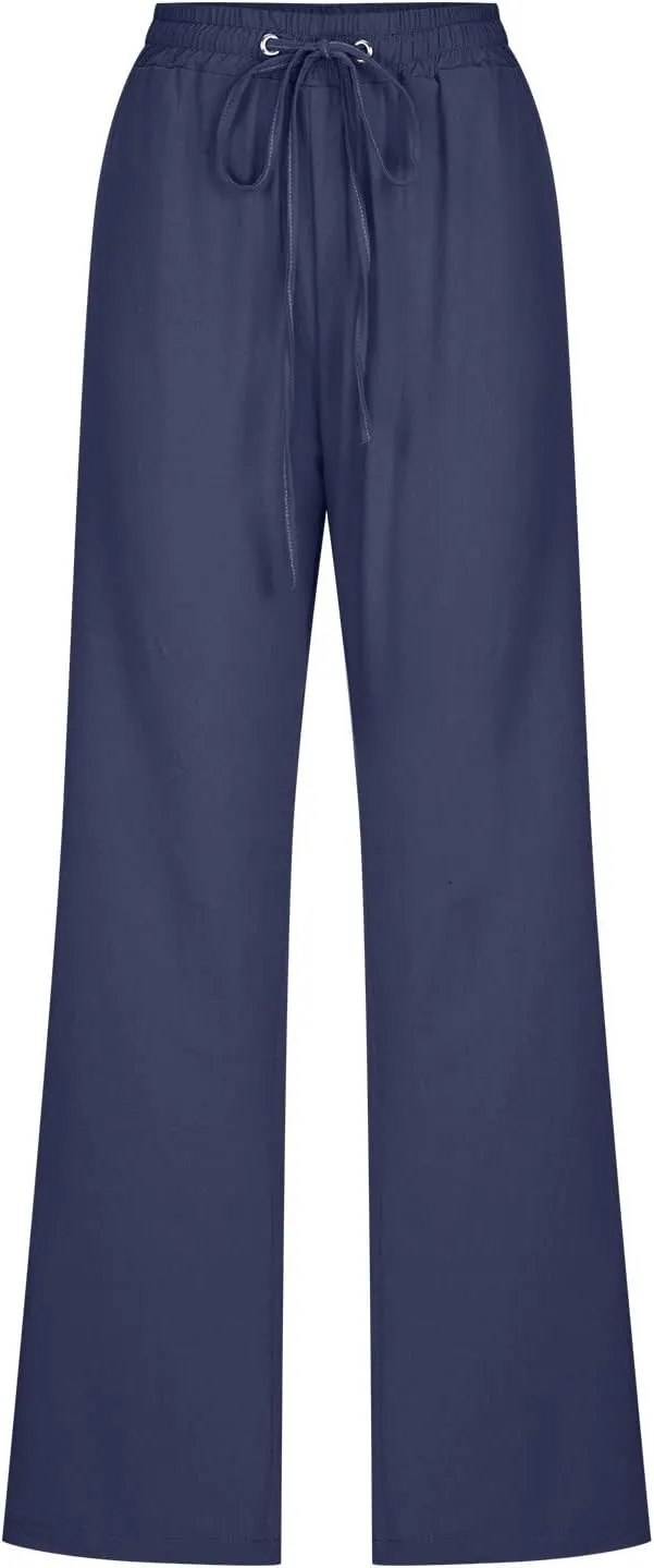 Ceboyel Women Linen Straight Pants Drawstring Summer Trousers Trendy Beach Travel Pant Loose Fitting Business Casual Clothing