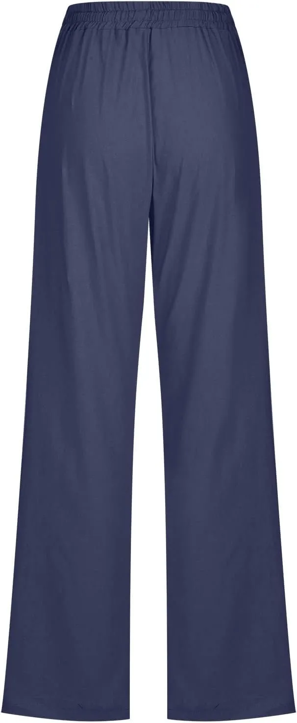 Ceboyel Women Linen Straight Pants Drawstring Summer Trousers Trendy Beach Travel Pant Loose Fitting Business Casual Clothing
