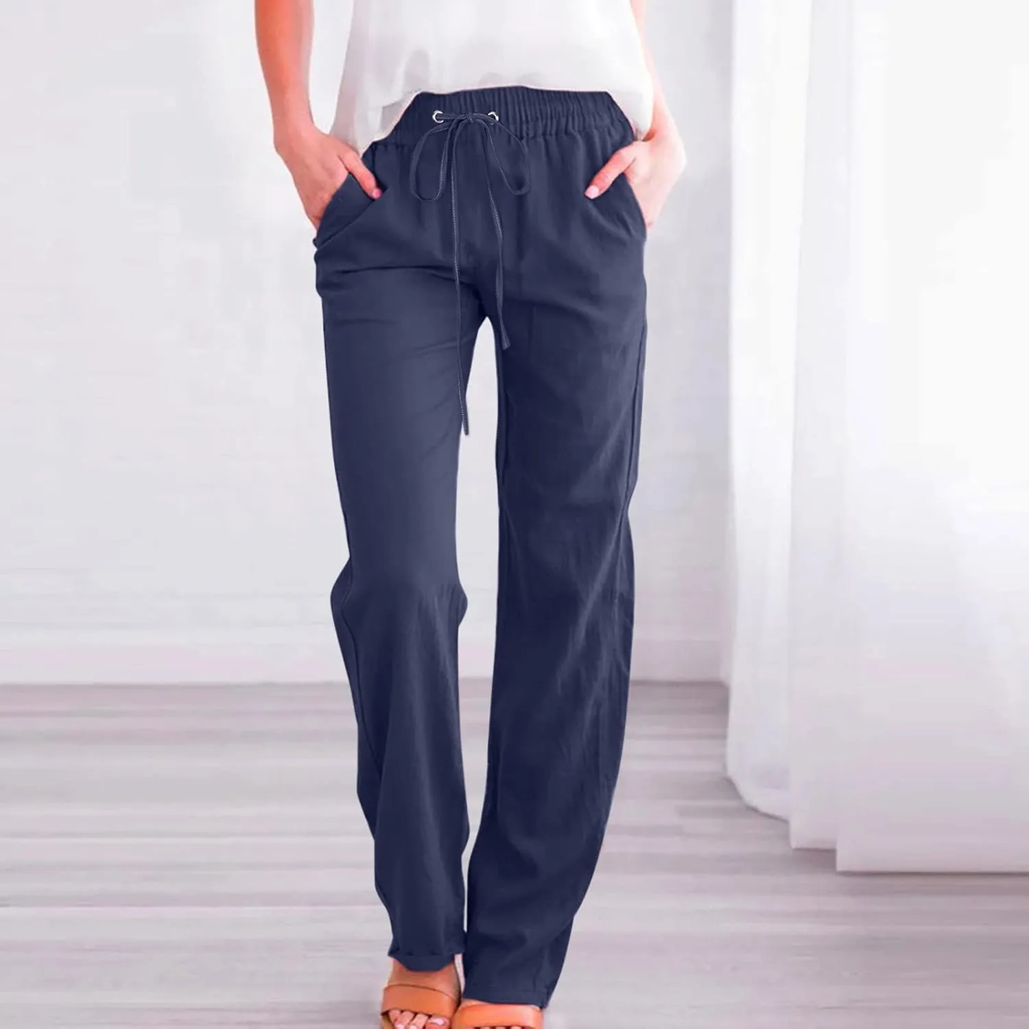 Ceboyel Women Linen Straight Pants Drawstring Summer Trousers Trendy Beach Travel Pant Loose Fitting Business Casual Clothing
