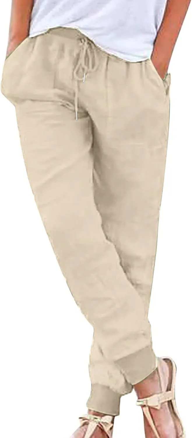 Ceboyel Women Summer Linen Pants Drawstring Beach Pants Lightweight High Waist Baggy Trouser Boho Ladies Clothes with Pockets