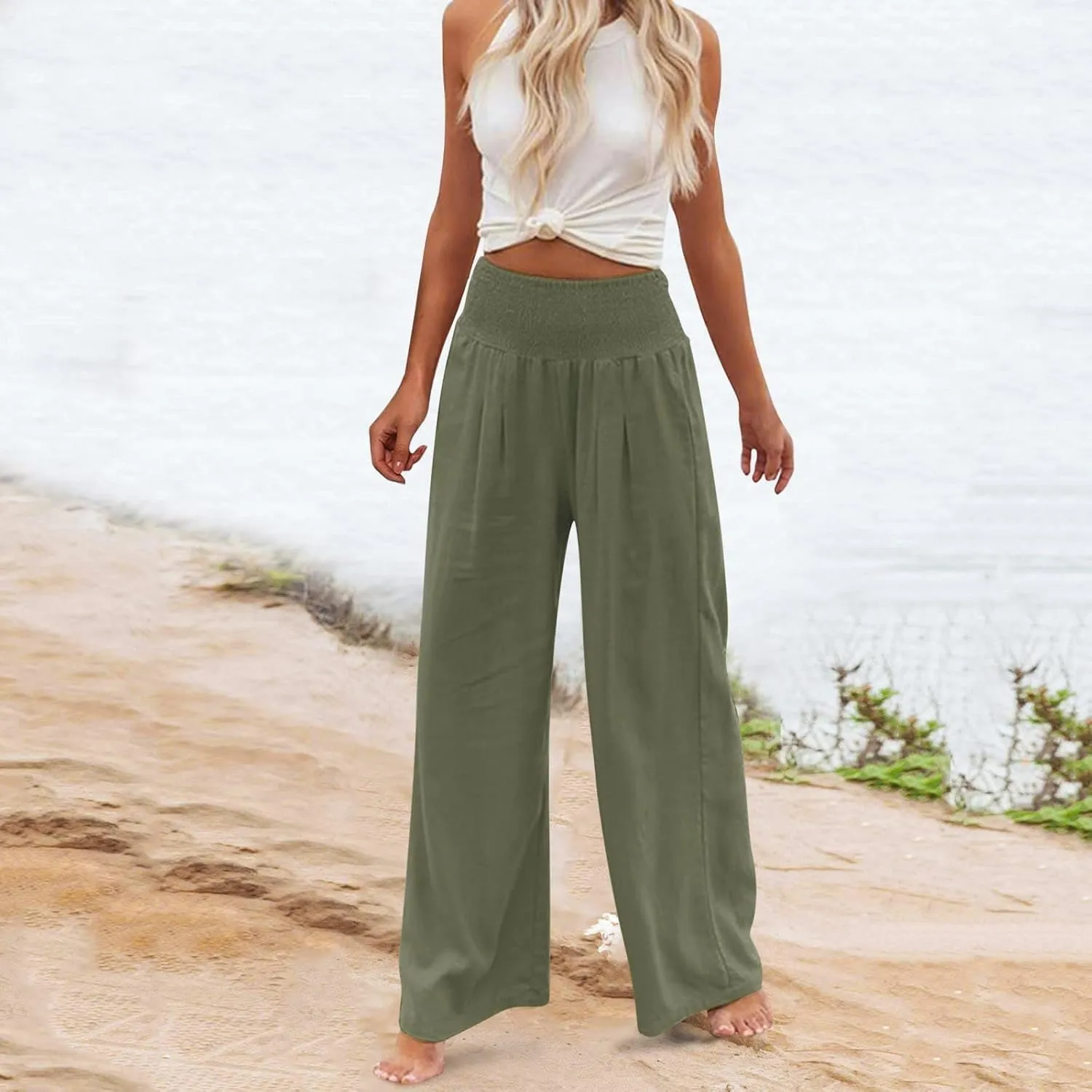 Ceboyel Women's Flowy Summer Pants Wide Leg Palazzo Pant High Waisted Trousers Loose Fitting Trendy Casual Vacation Outfits
