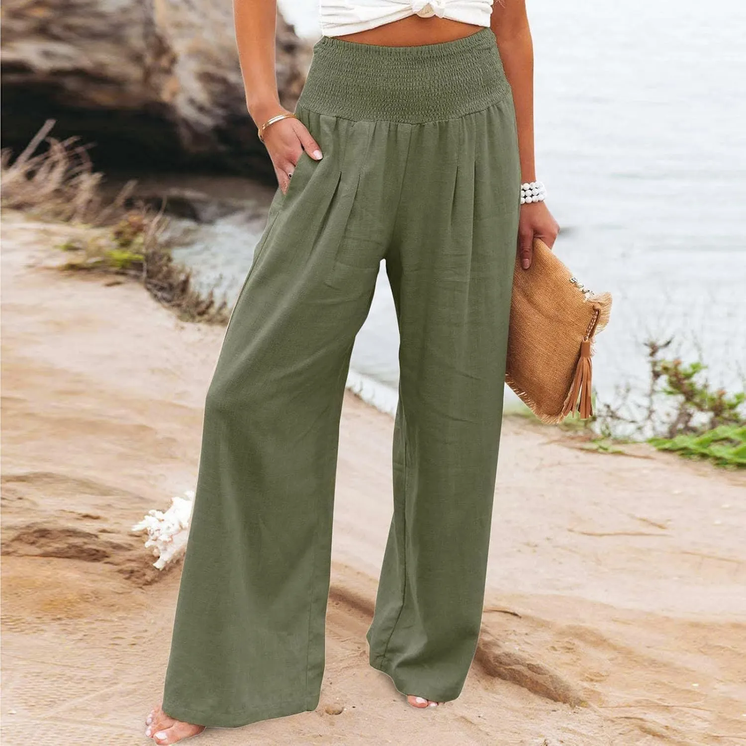 Ceboyel Women's Flowy Summer Pants Wide Leg Palazzo Pant High Waisted Trousers Loose Fitting Trendy Casual Vacation Outfits
