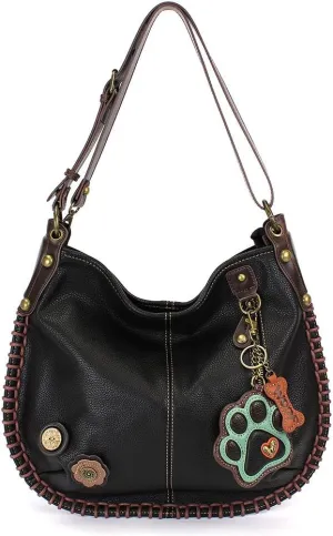 CHALA Crossbody Handbag, Hobo Style, Casual, Soft, Shoulder or Crossbody - Teal Paw - Black