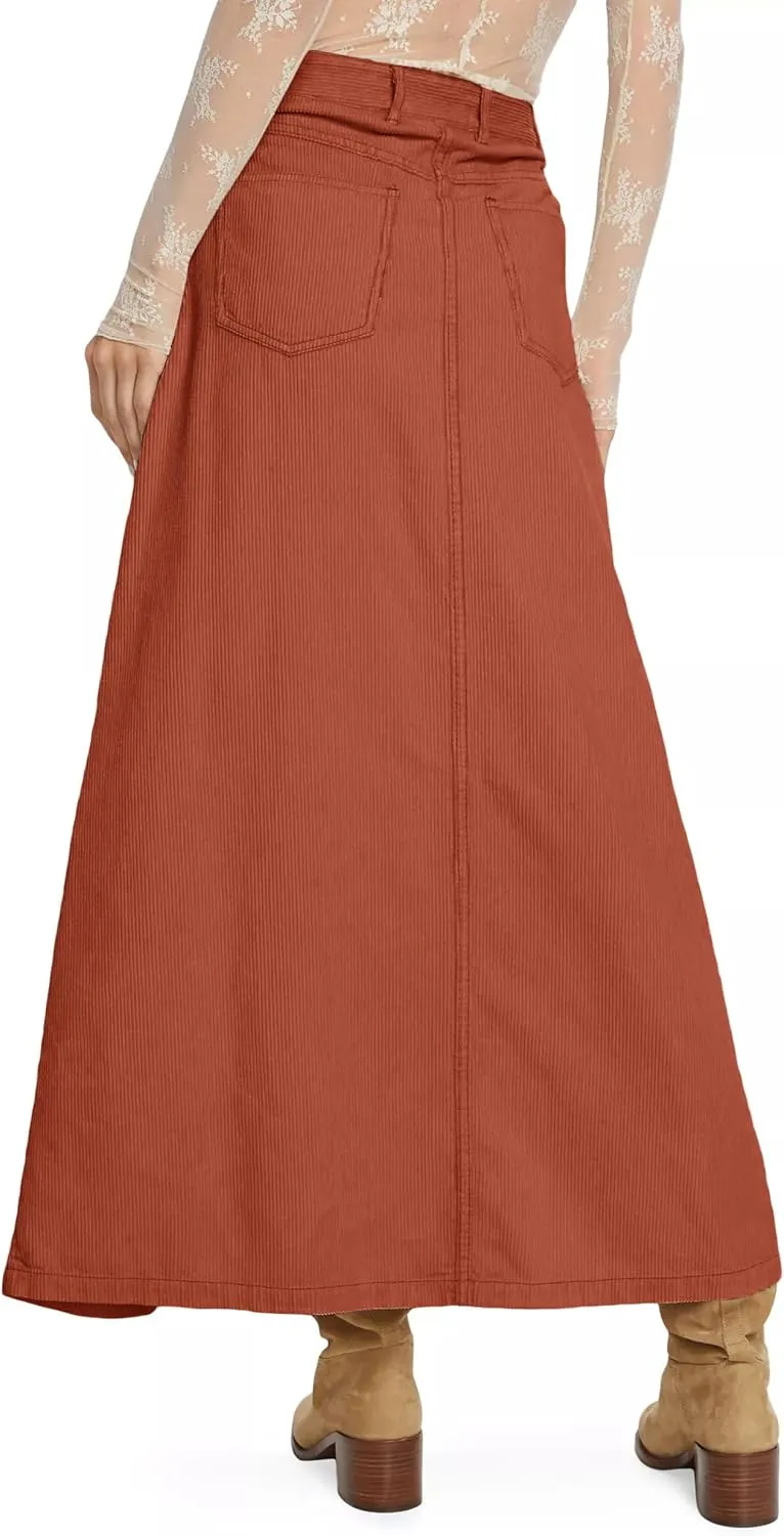 Cicy Bell Womens High Waisted Corduroy Maxi Skirts Split A-line Casual Fall Long Skirt