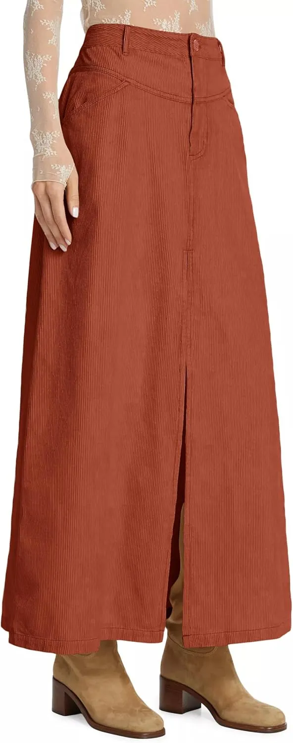 Cicy Bell Womens High Waisted Corduroy Maxi Skirts Split A-line Casual Fall Long Skirt