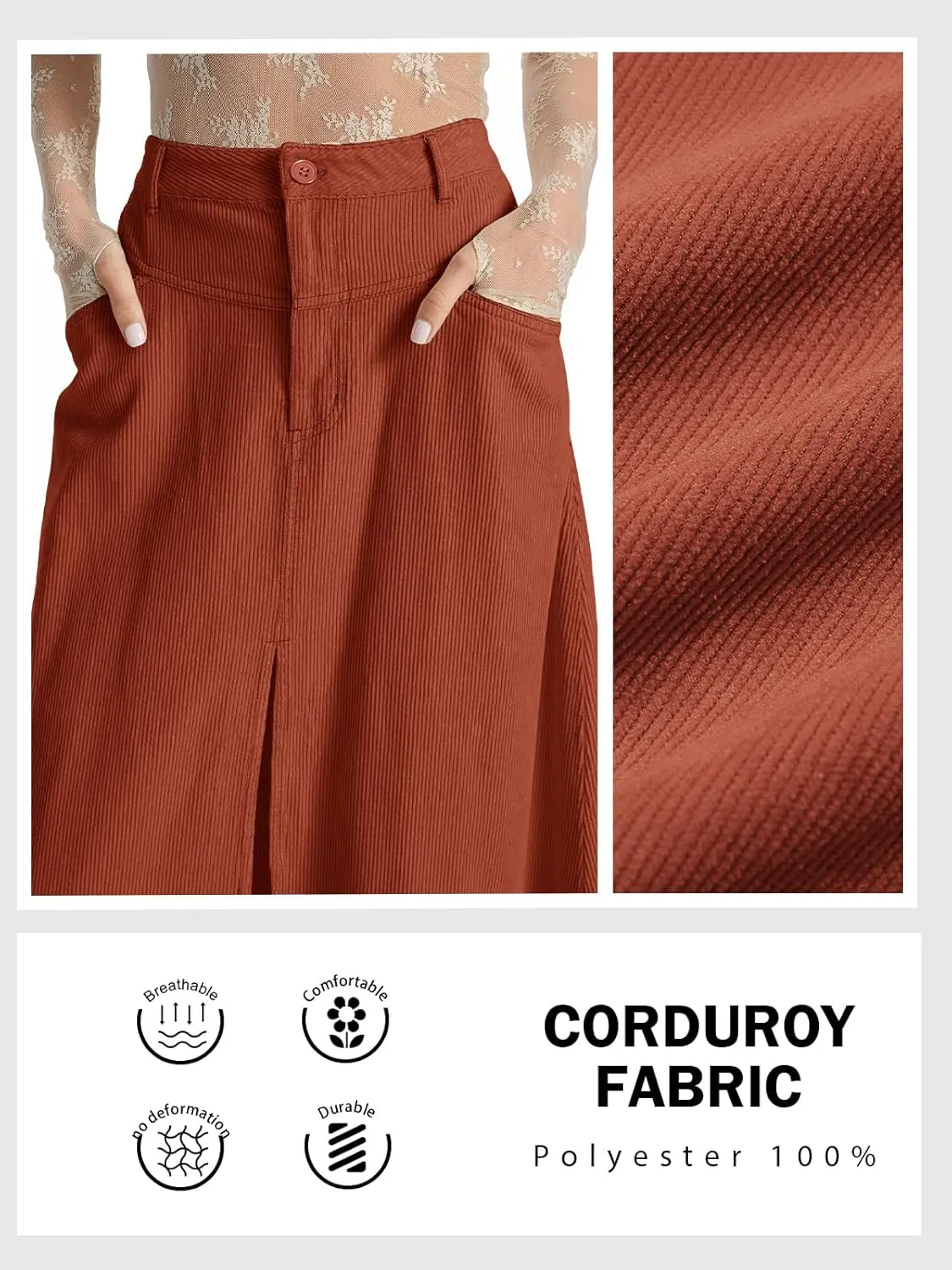 Cicy Bell Womens High Waisted Corduroy Maxi Skirts Split A-line Casual Fall Long Skirt