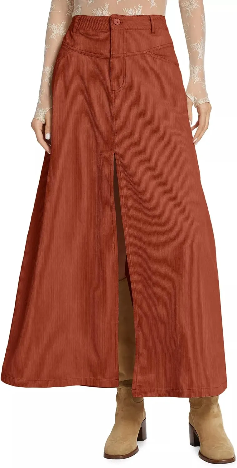 Cicy Bell Womens High Waisted Corduroy Maxi Skirts Split A-line Casual Fall Long Skirt