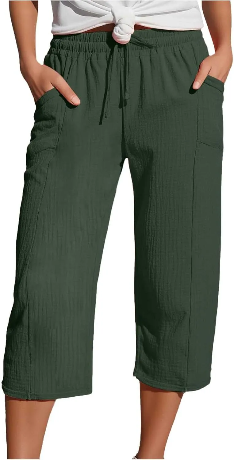 Cotton Linen Capri Pants for Women Summer Casual Plus Size Capris High Waisted Wide Leg Drawstring Crop Pants 2025