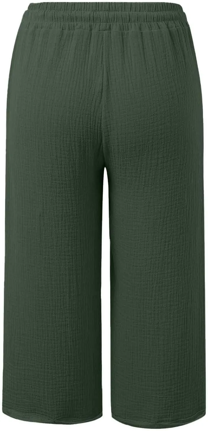 Cotton Linen Capri Pants for Women Summer Casual Plus Size Capris High Waisted Wide Leg Drawstring Crop Pants 2025