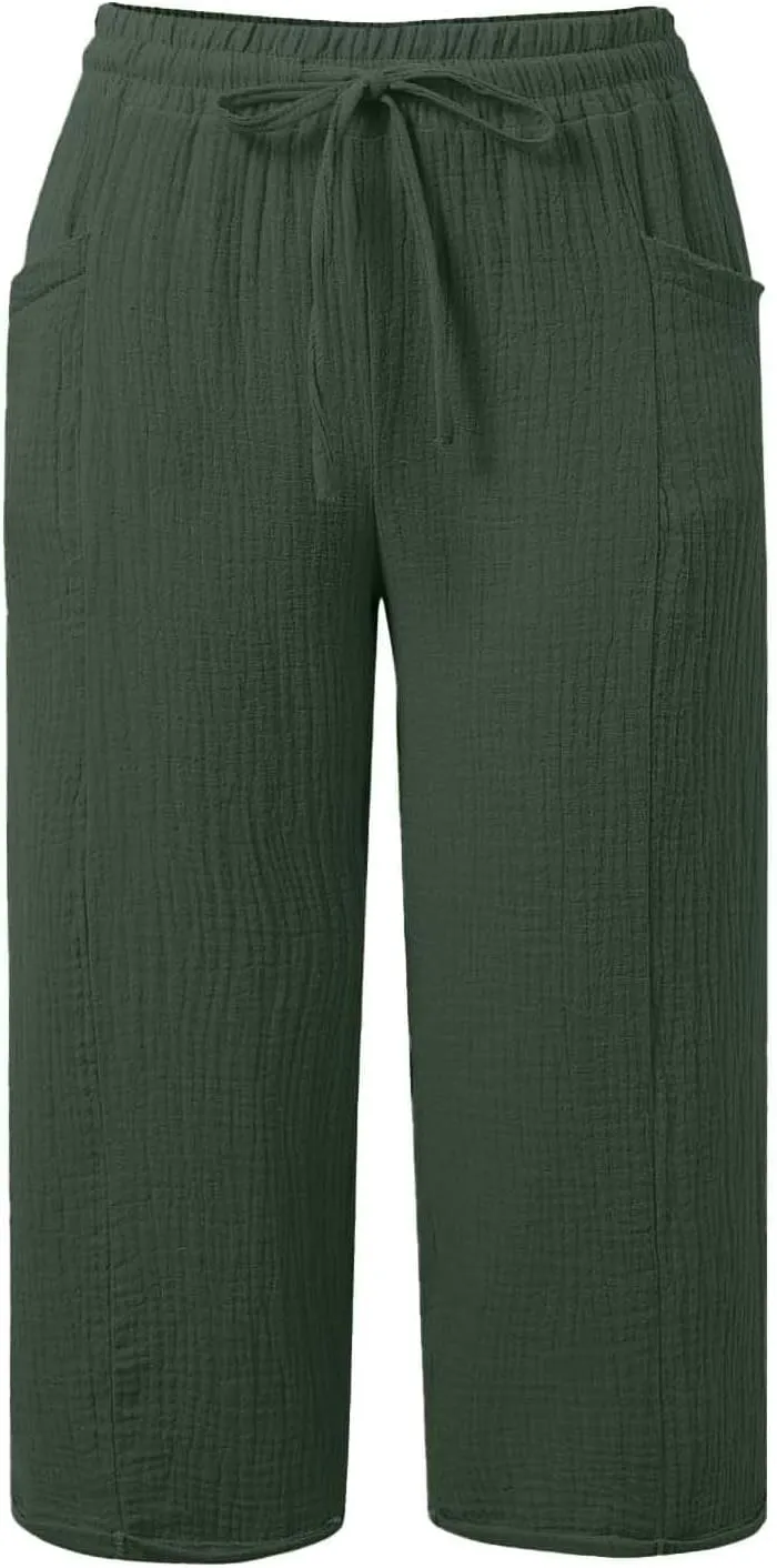 Cotton Linen Capri Pants for Women Summer Casual Plus Size Capris High Waisted Wide Leg Drawstring Crop Pants 2025