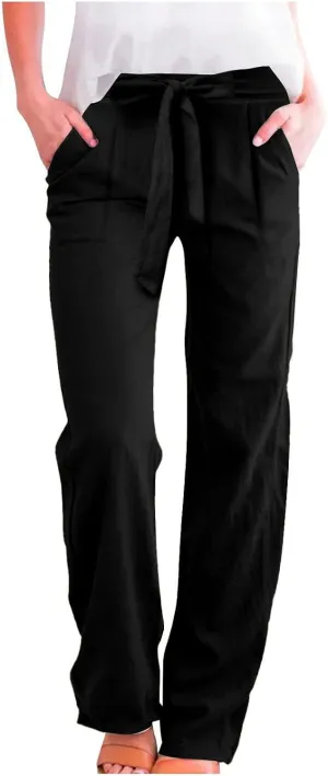 Cotton Linen Pant for Women Loose Fit High Waisted Plus Size Wide Leg Pants Tie Knot Summer Beach Pant with Pockets