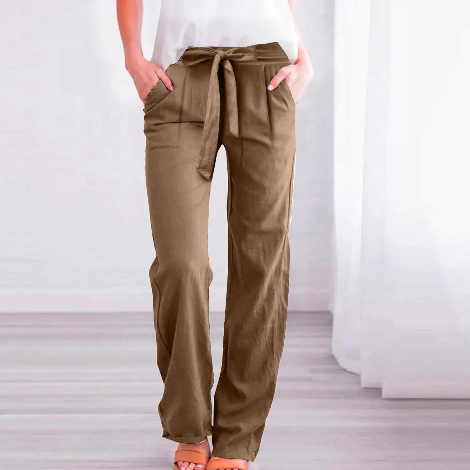 Cotton Linen Pants for Women Plus Size Business Casual Dress Pants Summer Tie Knot Wide Leg Pant Work Pants
