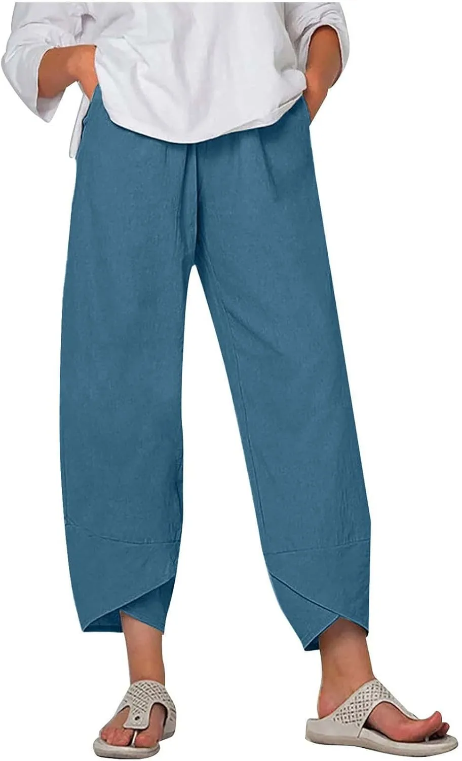 Cotton Linen Pants for Women Summer 2025 Casual Elastic Waist Cropped Trousers Beach Boho Capris Pants with Pockets