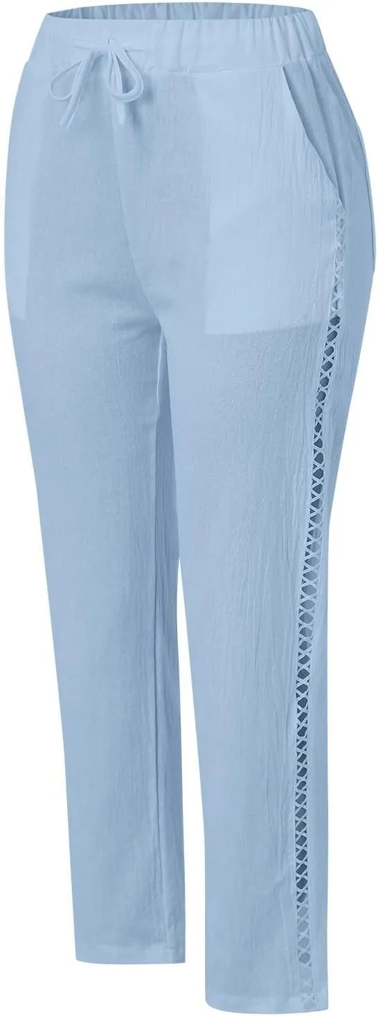 Cotton Linen Pants for Women Summer Casual Drawstring Waist Pants Loose Lace Breathable Vintage Trousers with Pockets