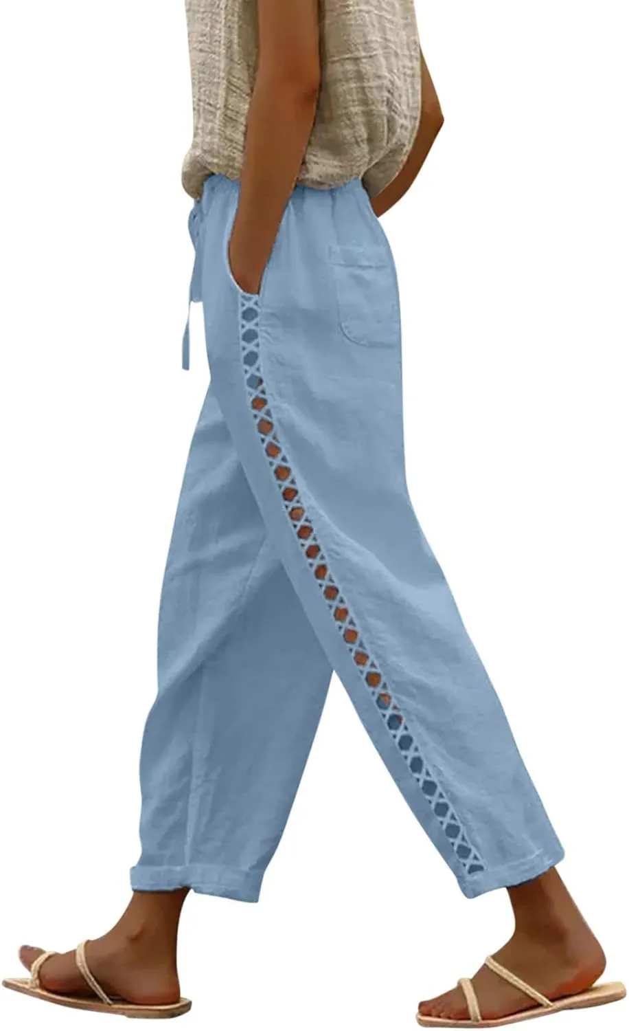 Cotton Linen Pants for Women Summer Casual Drawstring Waist Pants Loose Lace Breathable Vintage Trousers with Pockets