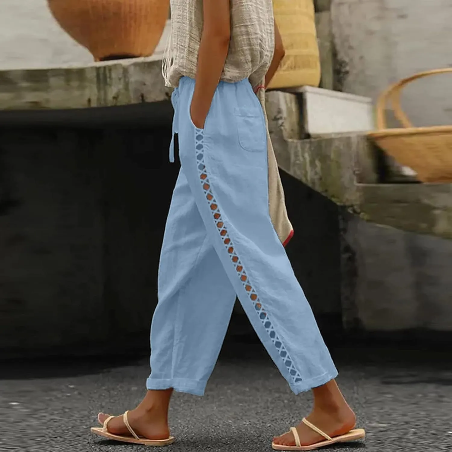 Cotton Linen Pants for Women Summer Casual Drawstring Waist Pants Loose Lace Breathable Vintage Trousers with Pockets