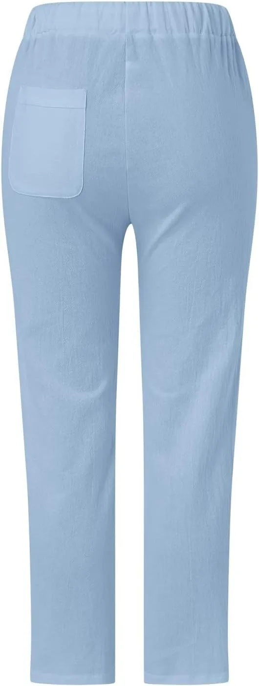 Cotton Linen Pants for Women Summer Casual Drawstring Waist Pants Loose Lace Breathable Vintage Trousers with Pockets