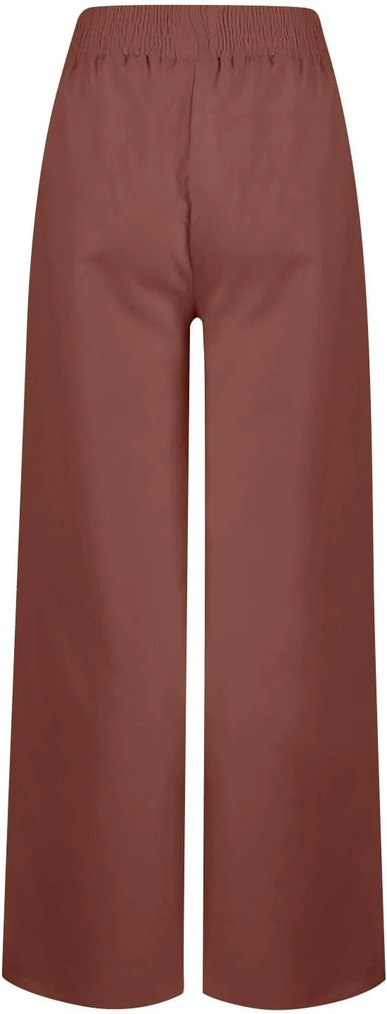 Cotton Linen Pants for Women Summer Elastic High Waist Pants Loose Wide Leg Button Long Trousers with Pockets