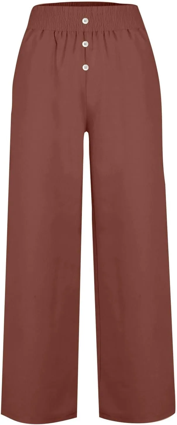 Cotton Linen Pants for Women Summer Elastic High Waist Pants Loose Wide Leg Button Long Trousers with Pockets