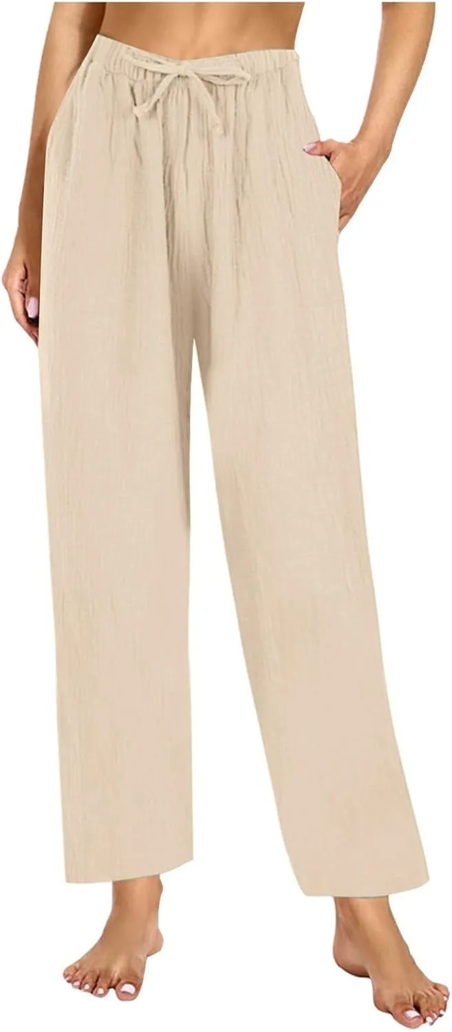 Cotton Linen Pants Women Casual Summer Pants Drawstring Wide Leg Pants with Pockets Soft Boho Petite Joggers Trendy Clothes