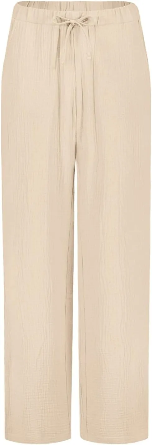 Cotton Linen Pants Women Casual Summer Pants Drawstring Wide Leg Pants with Pockets Soft Boho Petite Joggers Trendy Clothes