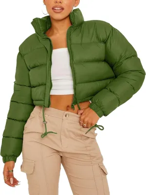 COZYPOIN Women Quilted Down Jacket Stand Collar Long Sleeve Zipper Cropped Puffer Jacket Coat