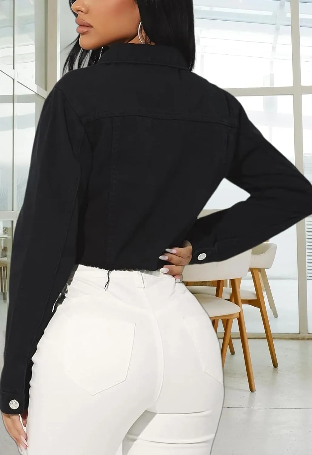 Cropped Jean Jacket for Women Long Sleeve Classic Casual Crop Top Denim Jackets Coat