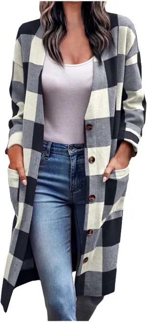 DASAYO Women Casual Shirts Pocketed Fall Clothes Open Front Long Plaid Shirt Boyfriend Tartan Trench Coats Fashion 2022