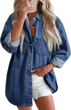 Denim Jacket for Women Frayed Hem Ripped Distressed Jean Jacket Oversized Long Sleeve Button Down Shirt Shacket
