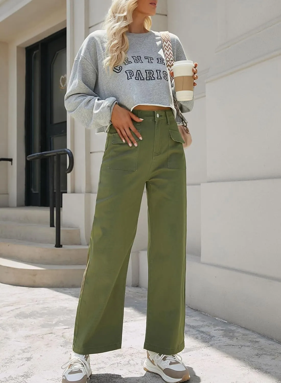 Dokotoo Womens Cargo Pants Women Baggy Wide Leg High Waist Casual Pants Jean Stretch Pants