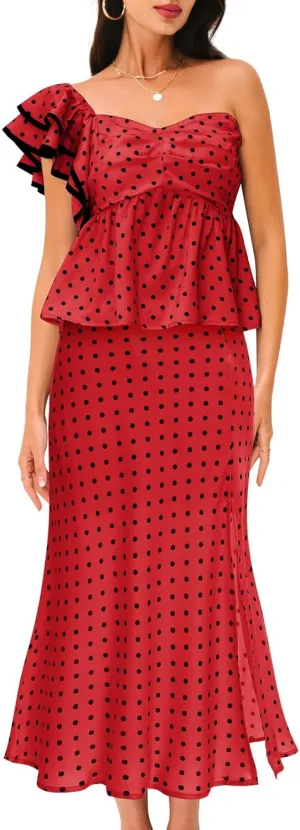 DRESSTELLS Women's 2 Piece Skirt Sets Summer Polka Dot Outfits Smocked Tops and Long Skirt 2025