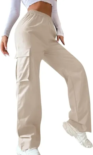 eoeioa Womens High Waist Trendy Y2K Cargo Pants Baggy Summer Straight Pockets Trousers Solid Wide Leg Overalls Long Pants