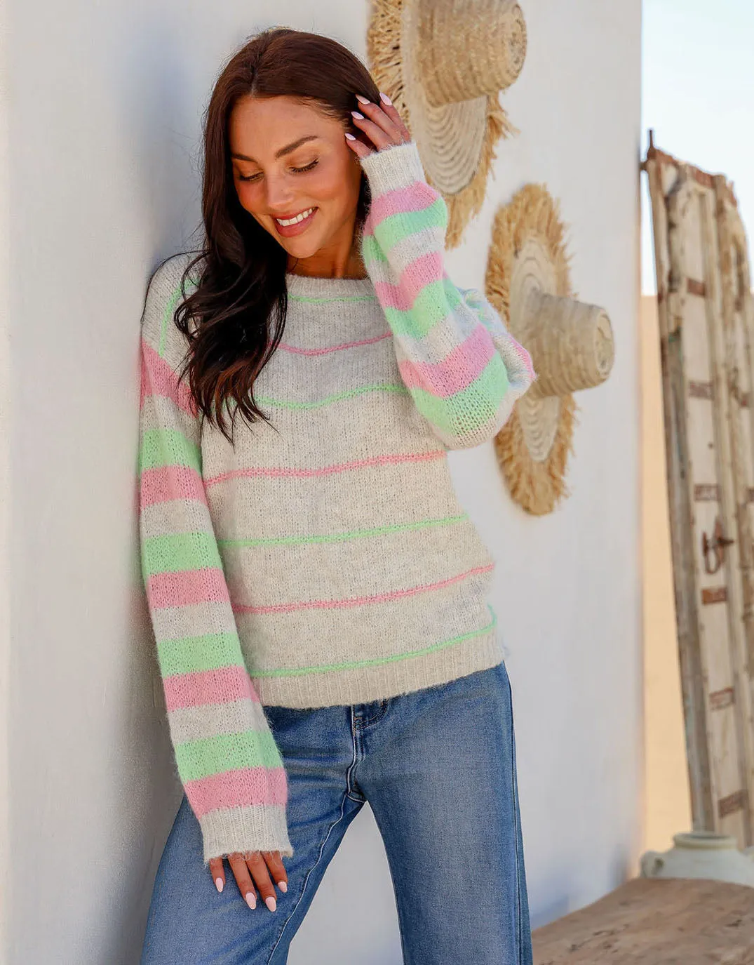 Eva Wool Blend Neon Stripe Knit - Grey