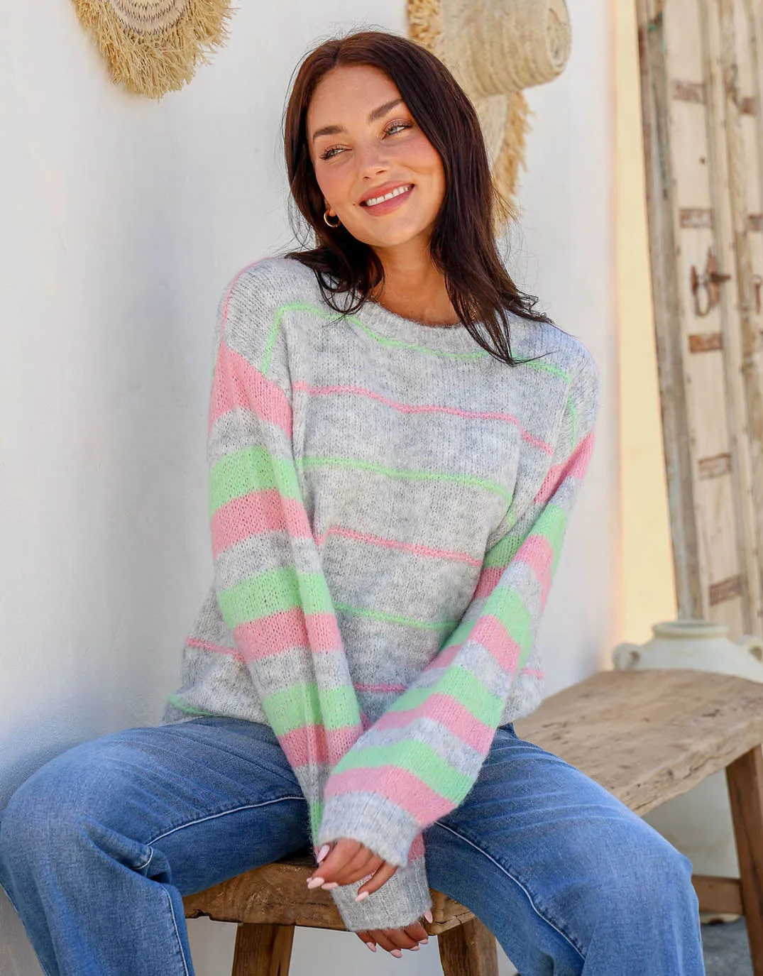 Eva Wool Blend Neon Stripe Knit - Grey