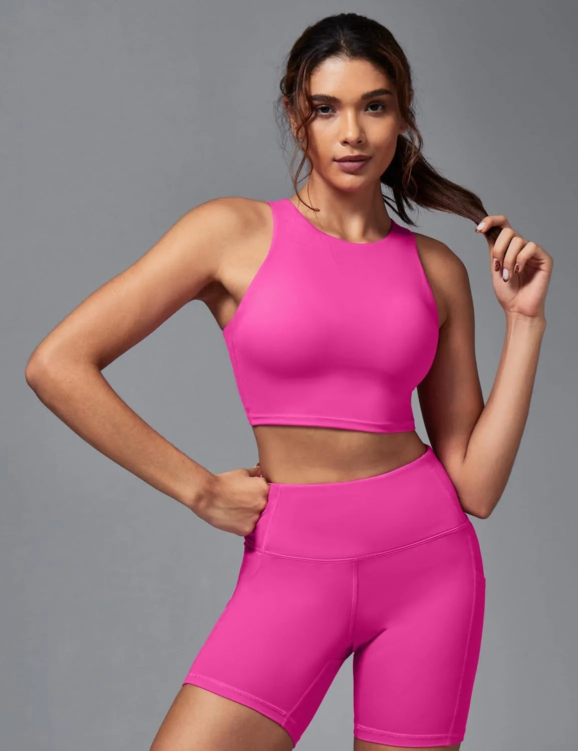 Ewedoos Longline Sports Bras for Women High Neck Racerback Sports Bra Padded Workout Crop Tank Tops with Built in Bra