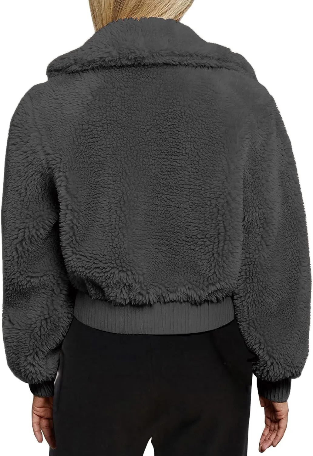 FANCYINN Womens Teddy Cropped Faux Fur Jacket Furry Lapel Coat Zip Up with Pockets Warm Winter