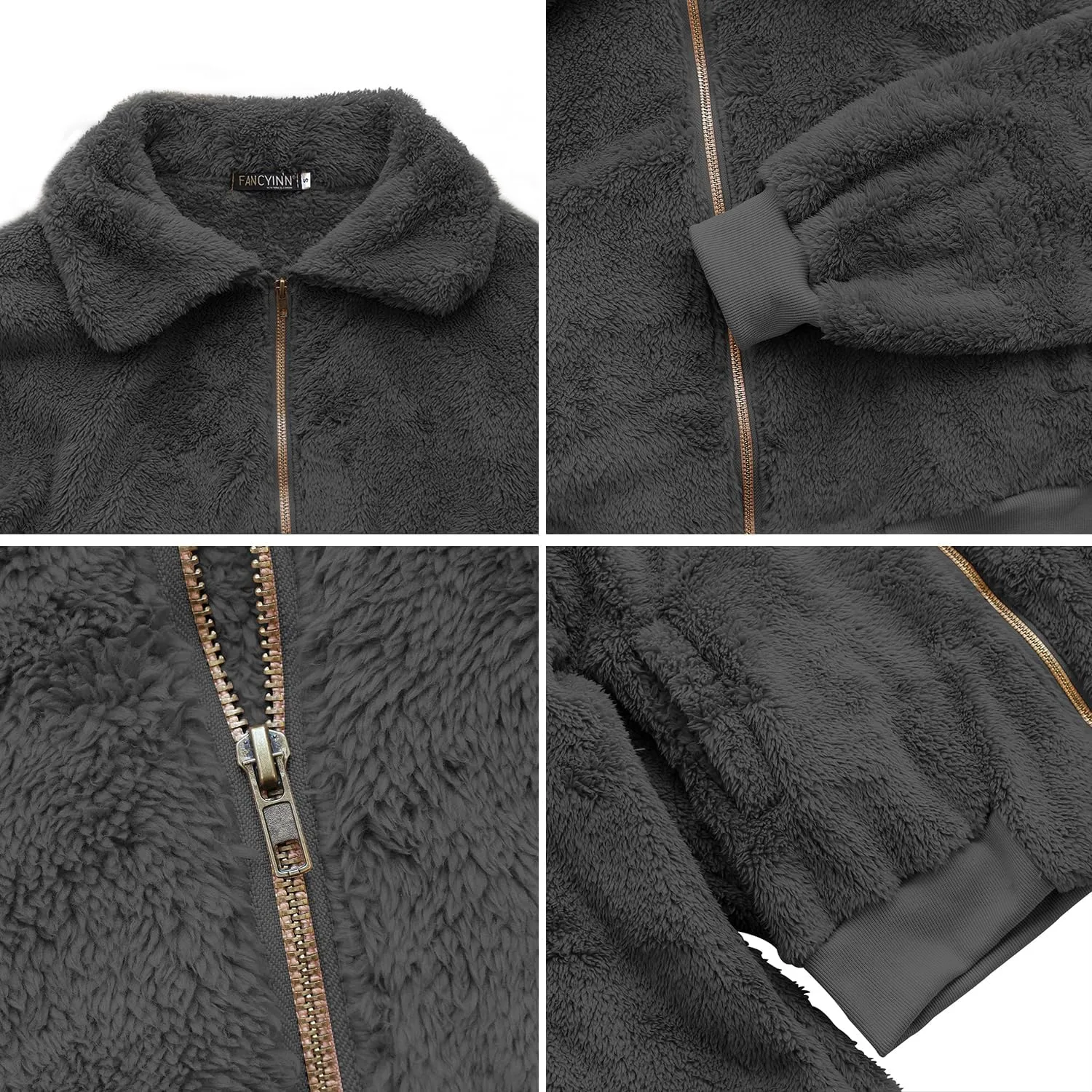 FANCYINN Womens Teddy Cropped Faux Fur Jacket Furry Lapel Coat Zip Up with Pockets Warm Winter