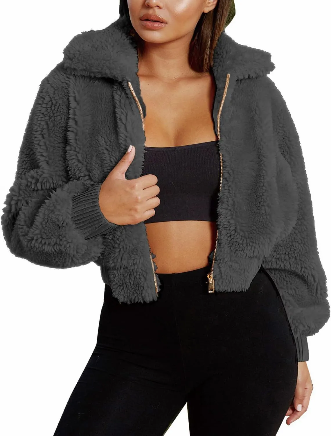 FANCYINN Womens Teddy Cropped Faux Fur Jacket Furry Lapel Coat Zip Up with Pockets Warm Winter