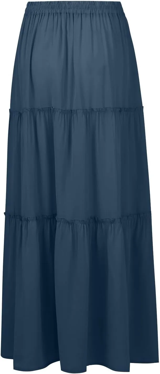 FlekmanArt Pleated Long Skirts for Women Summer Casual Elastic High Waisted Skirts A-Line Flowy Swing Maxi Skirt with Pockets