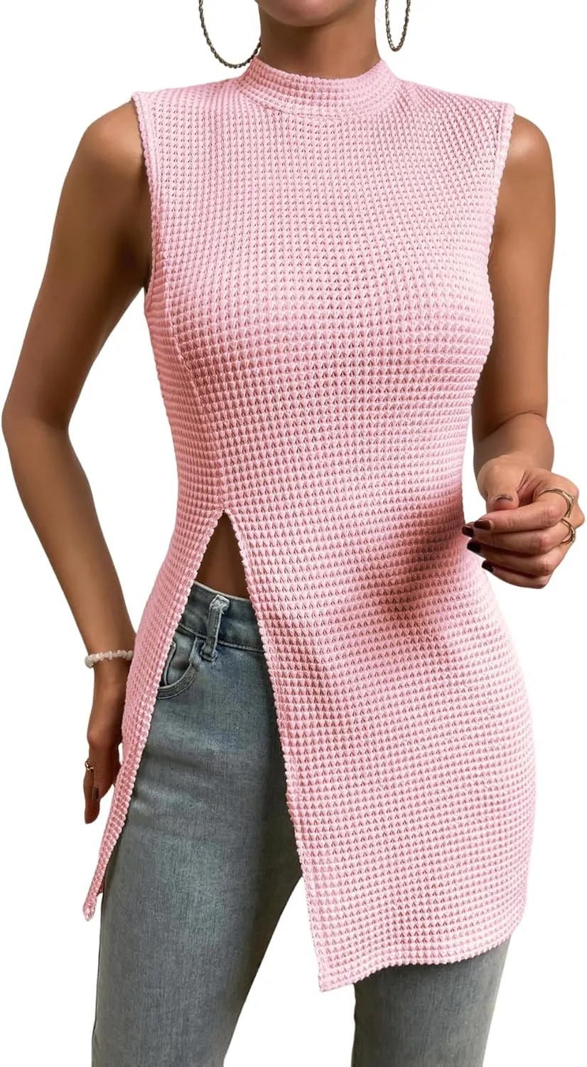 Floerns Women's Casual Sleeveless Mock Neck Split Hem Tank Top