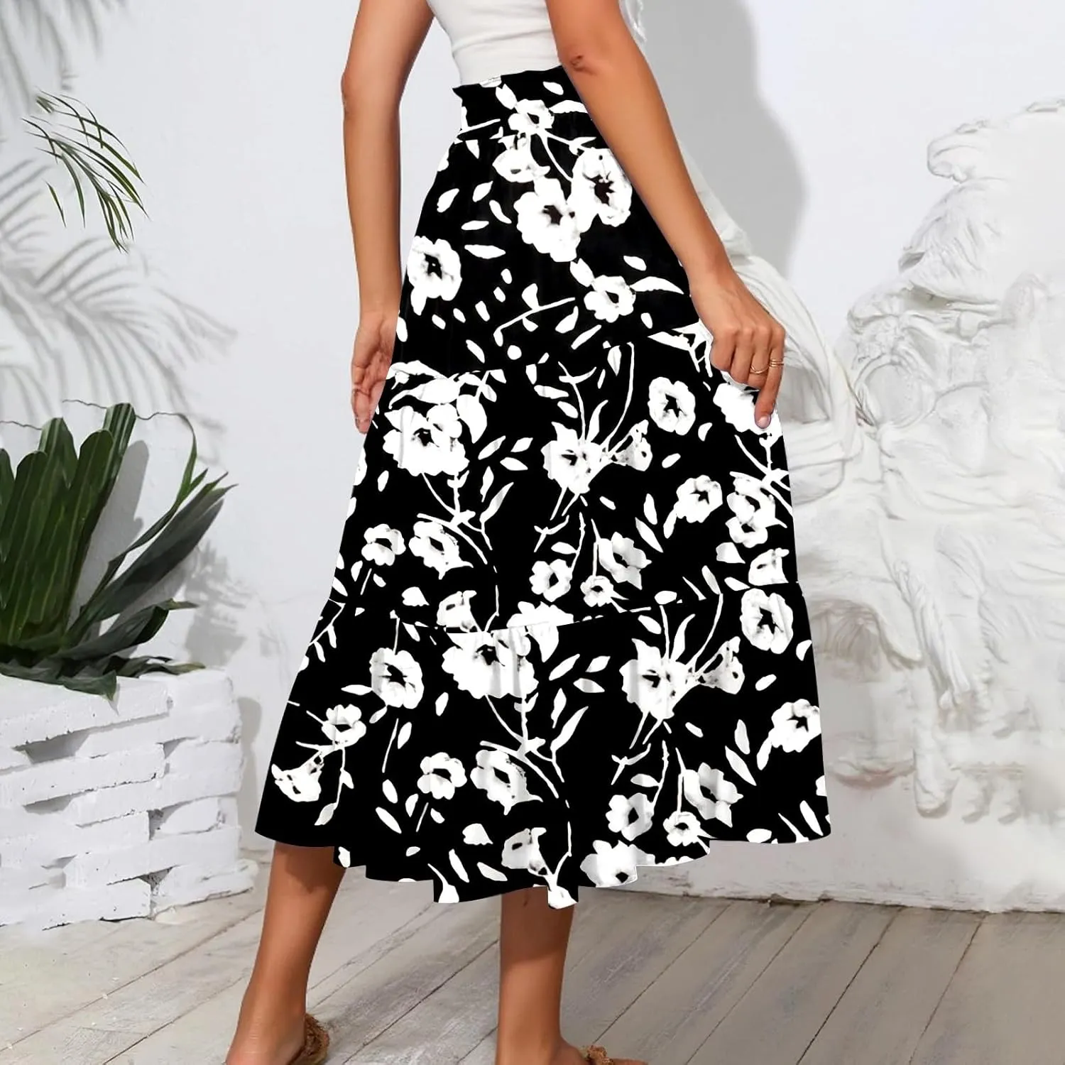 Floral Midi Skirts for Women High Waisted Knee Length Flowy Boho Skirts Casual Tiered A Line Skirt with Pockets