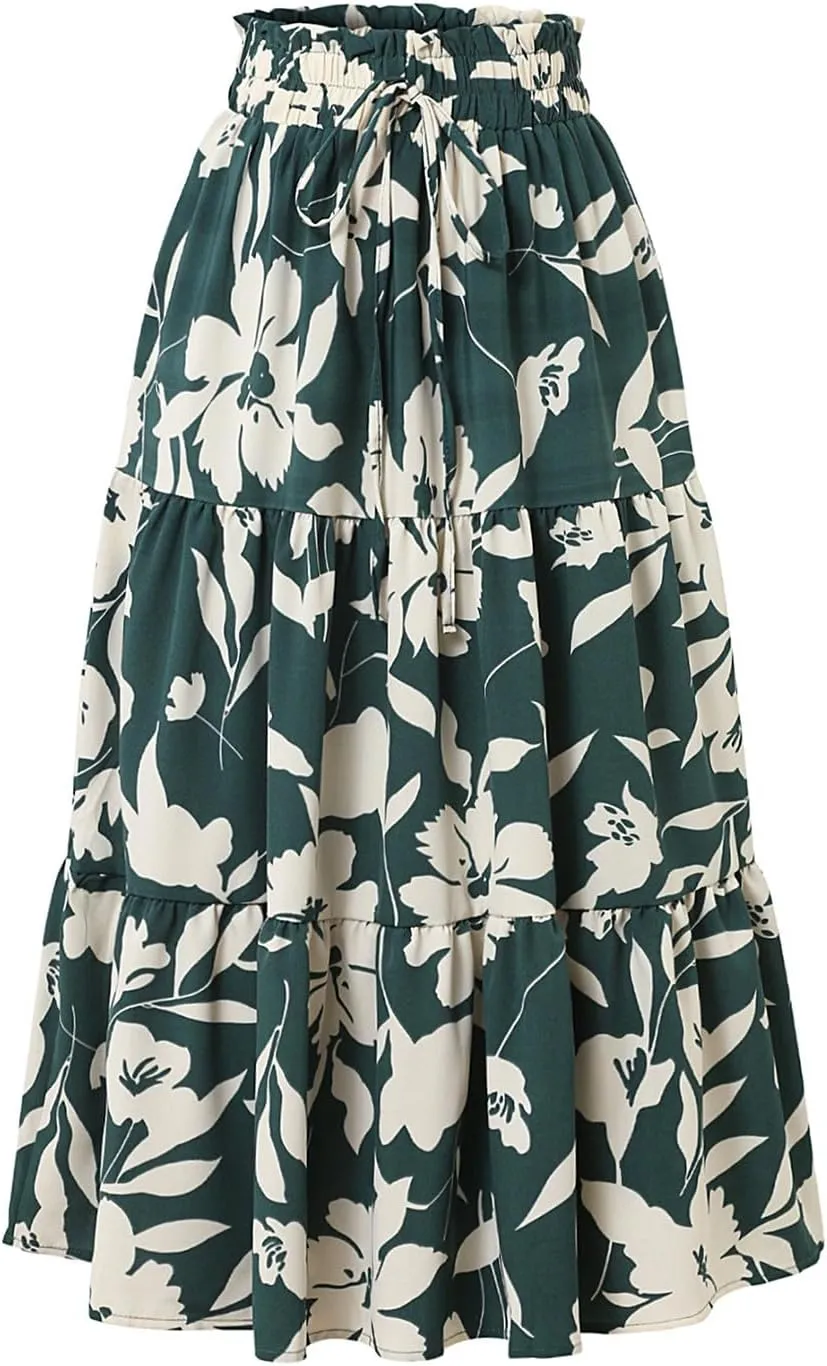 Floral Skirt for Women 2025 Ruffle Summer Maxi Skirts High Waisted Elastic Flowy Pleated Dresses Holiday Clothing