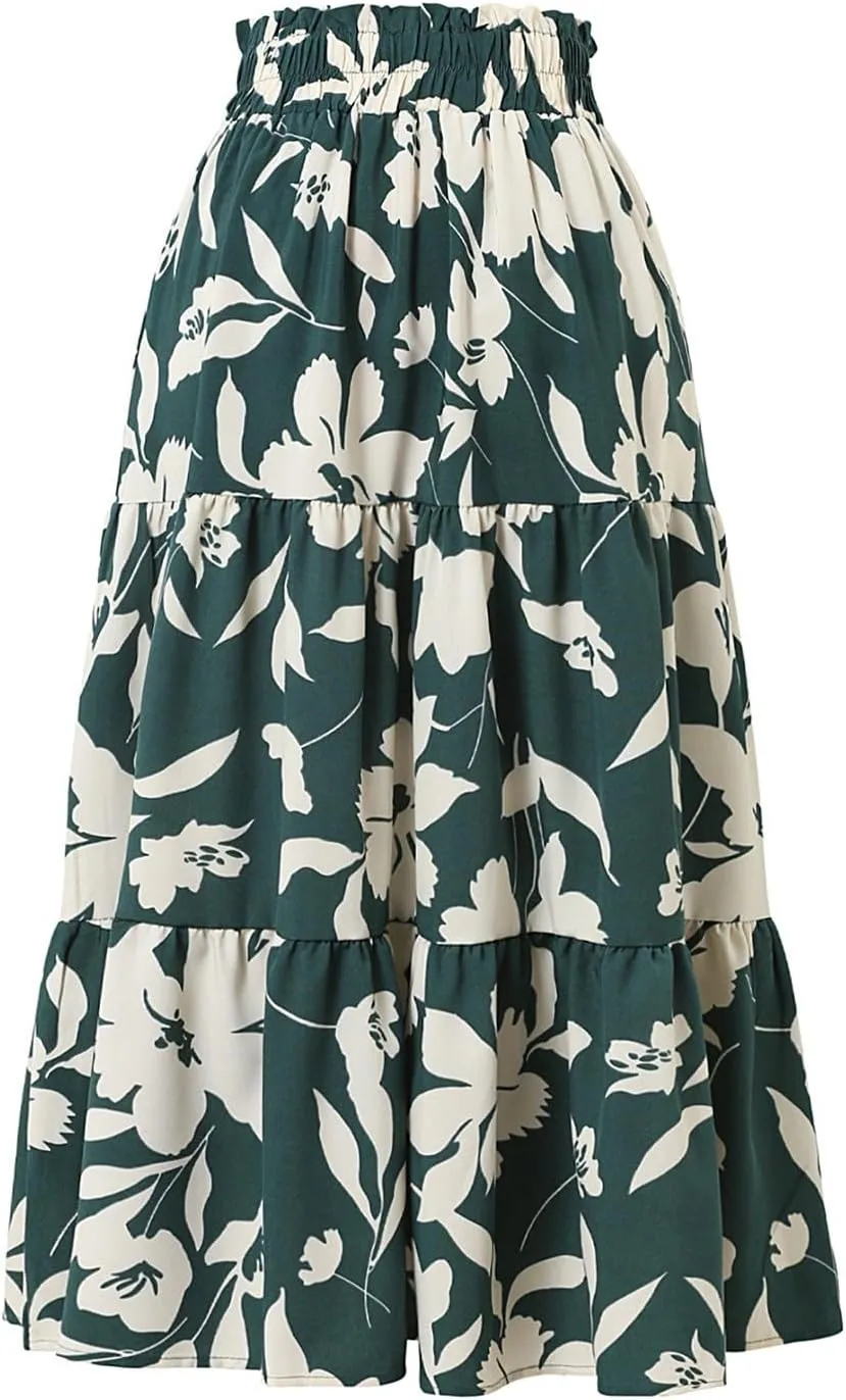 Floral Skirt for Women 2025 Ruffle Summer Maxi Skirts High Waisted Elastic Flowy Pleated Dresses Holiday Clothing