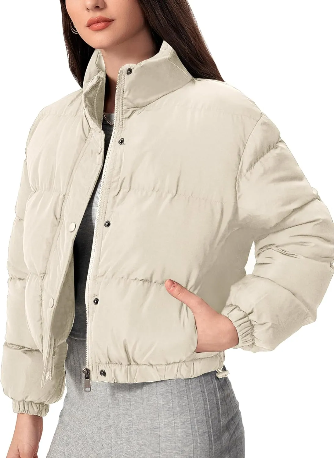 Flygo Womens Lightweight Quilted Jacket Long Sleeve Stand Collar Zipper Cropped Puffer Jacket Warm Winter Coat