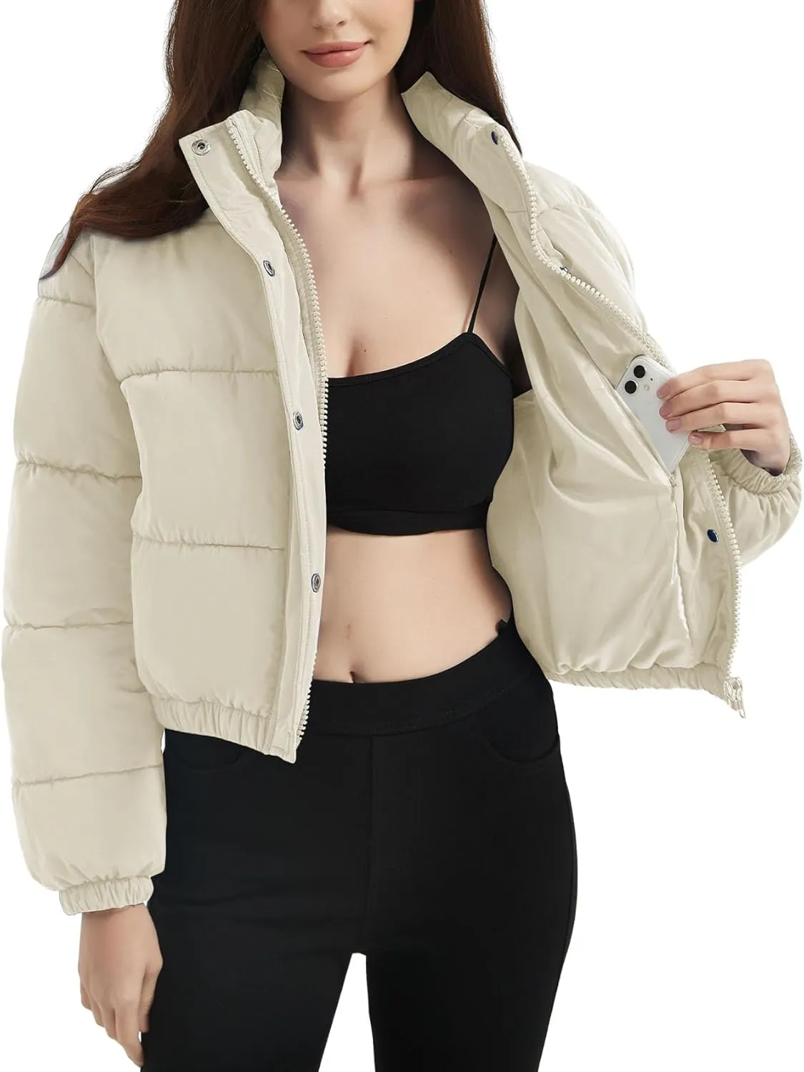 Flygo Womens Lightweight Quilted Jacket Long Sleeve Stand Collar Zipper Cropped Puffer Jacket Warm Winter Coat